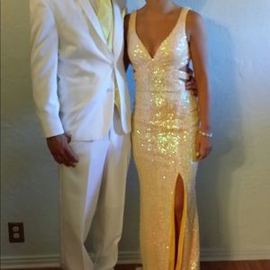 Faviana yellow sequence prom dress